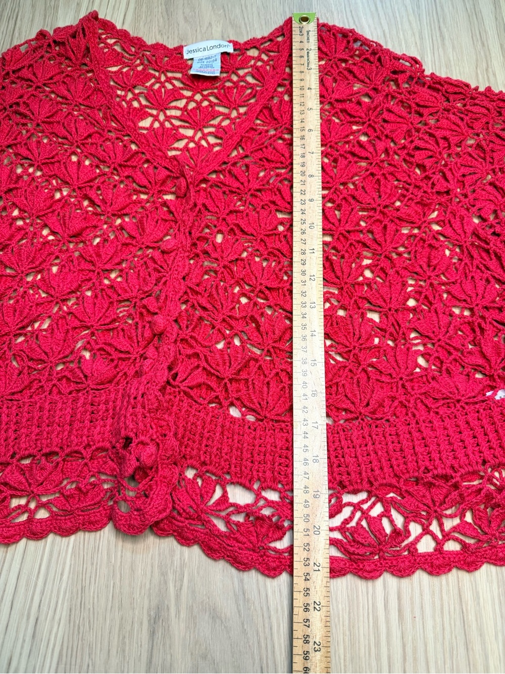JESSICA LONDON Crochet Knit Button Up Red Shurg Cover Up Cardigan Sz 22/24 - Picture 9 of 10